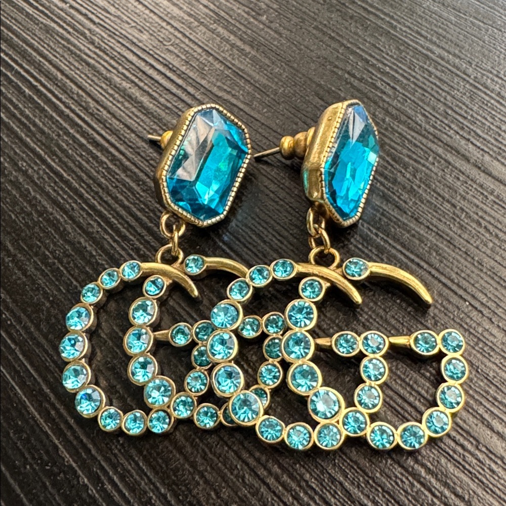 Gucci Teal Crystal Logo Earrings